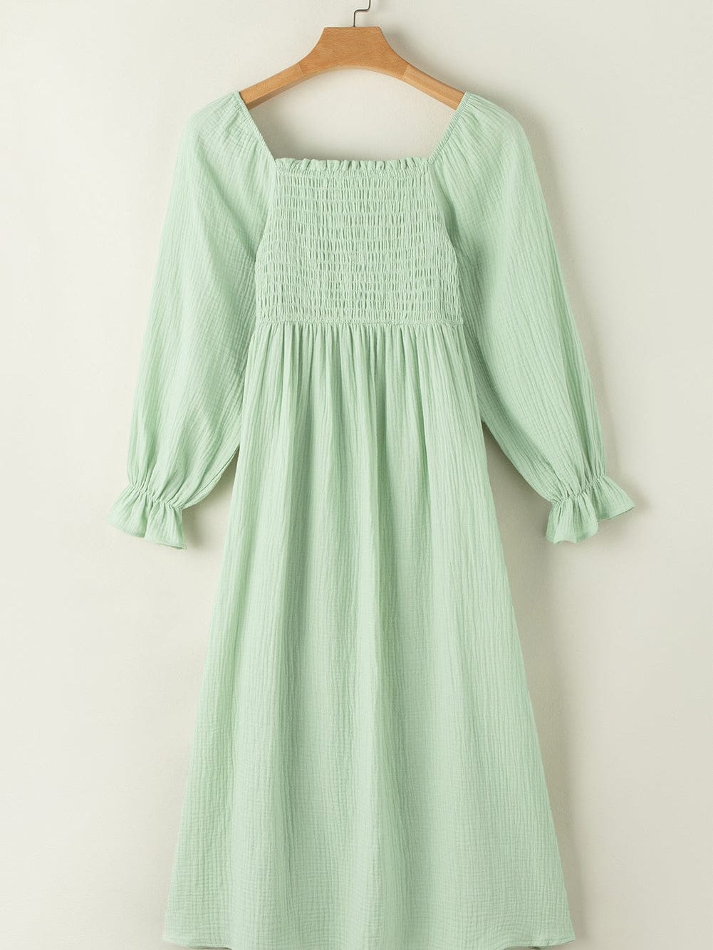 Green Textured Square Neck Bubble Sleeve Maxi Dress