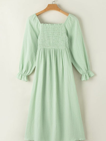 Green Textured Square Neck Bubble Sleeve Maxi Dress