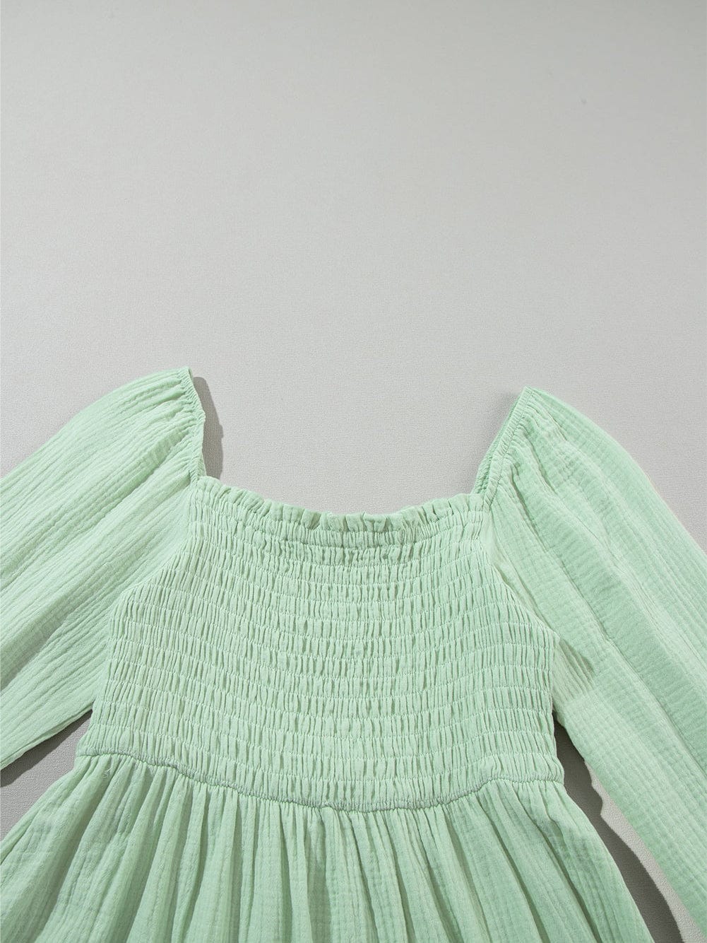 Green Textured Square Neck Bubble Sleeve Maxi Dress