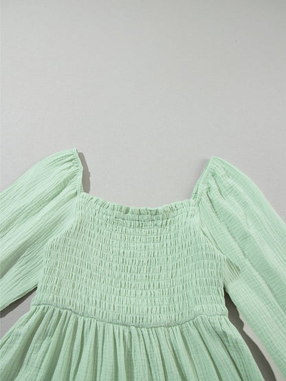 Green Textured Square Neck Bubble Sleeve Maxi Dress