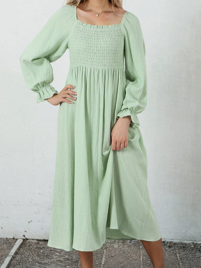 Green Textured Square Neck Bubble Sleeve Maxi Dress
