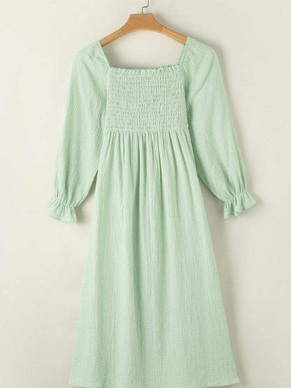Green Textured Square Neck Bubble Sleeve Maxi Dress