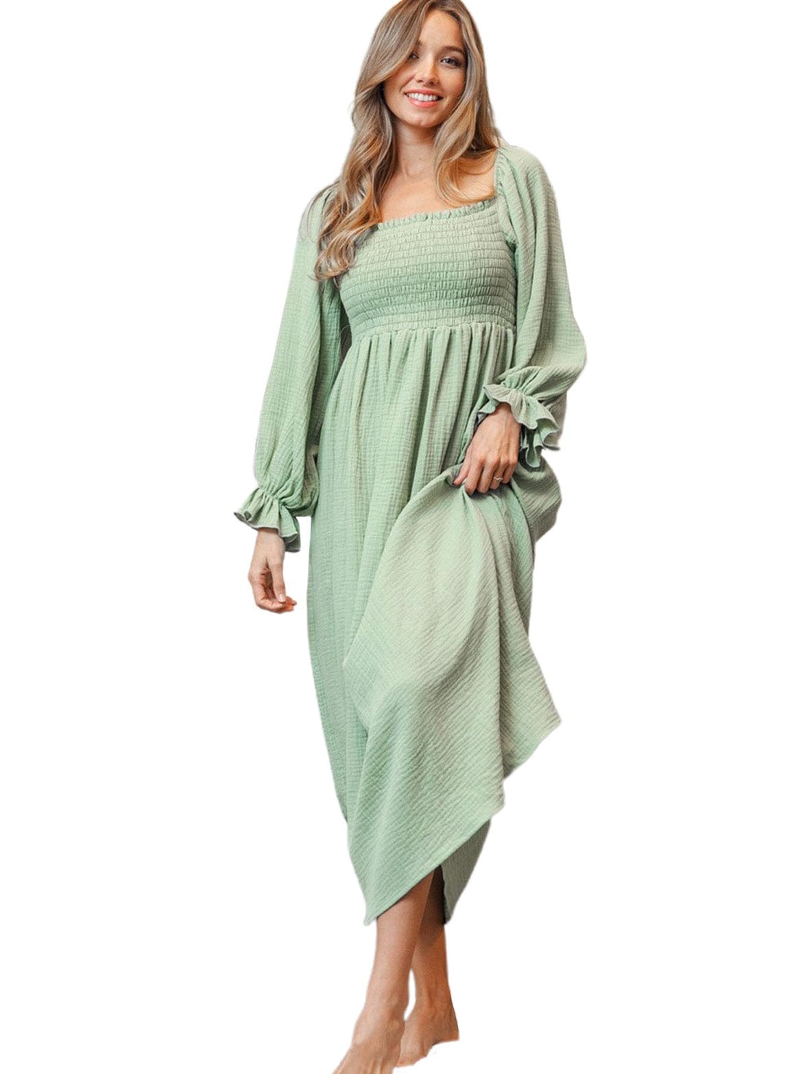 Green Textured Square Neck Bubble Sleeve Maxi Dress