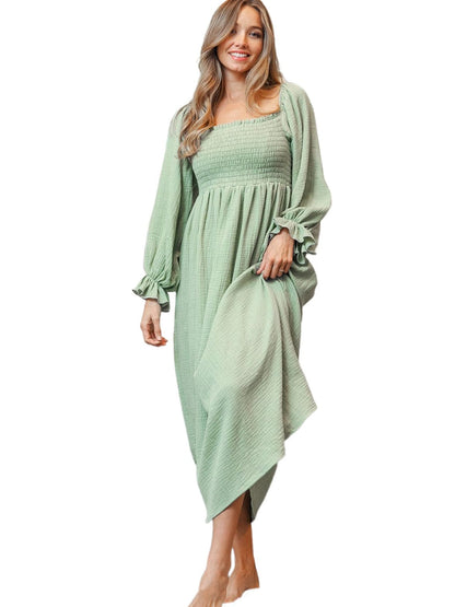Green Textured Square Neck Bubble Sleeve Maxi Dress