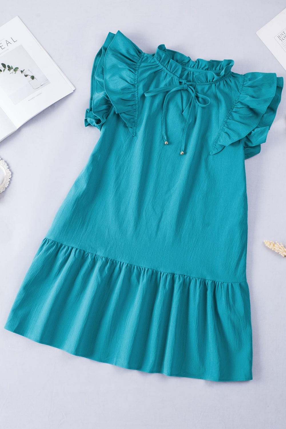 Green Tiered Ruffle-Sleeve Mini Dress with Handy Pockets