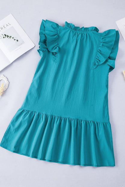 Green Tiered Ruffle-Sleeve Mini Dress with Handy Pockets