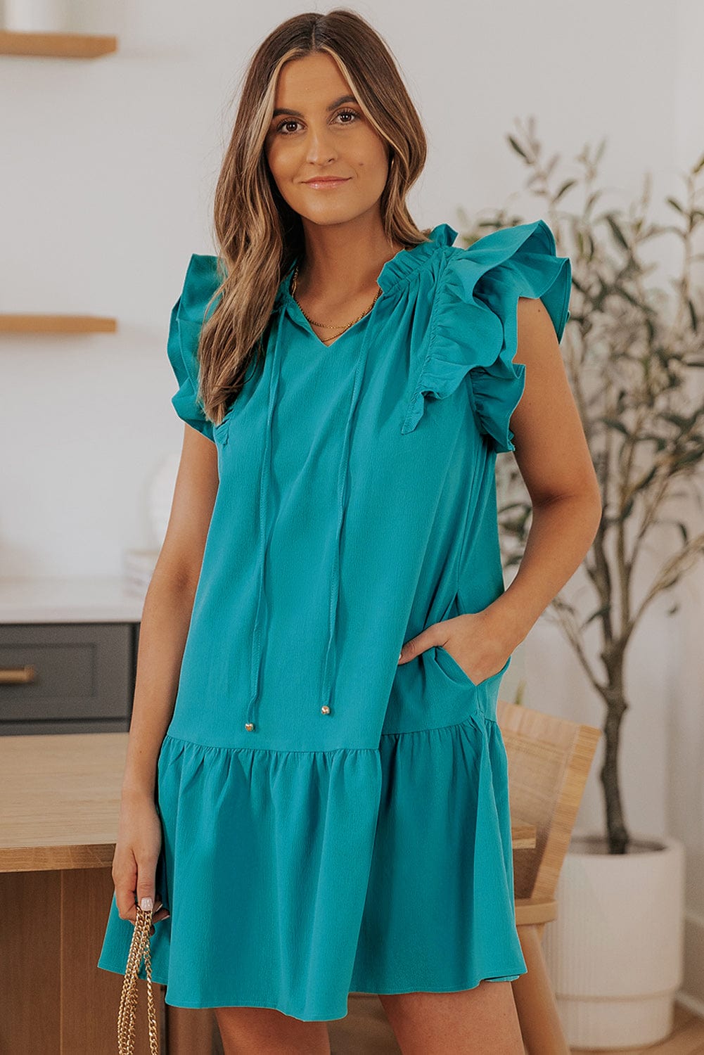 Green Tiered Ruffle-Sleeve Mini Dress with Handy Pockets