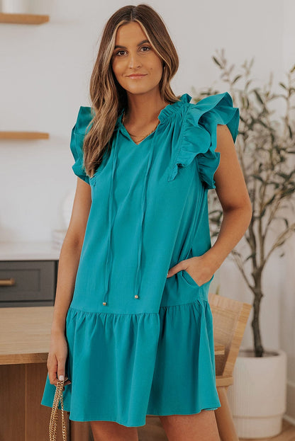 Green Tiered Ruffle-Sleeve Mini Dress with Handy Pockets