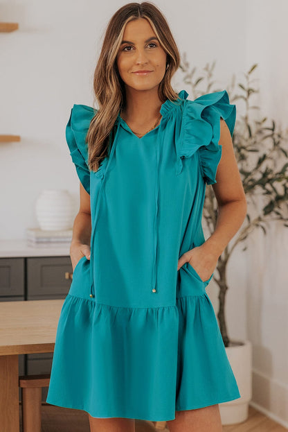 Green Tiered Ruffle-Sleeve Mini Dress with Handy Pockets