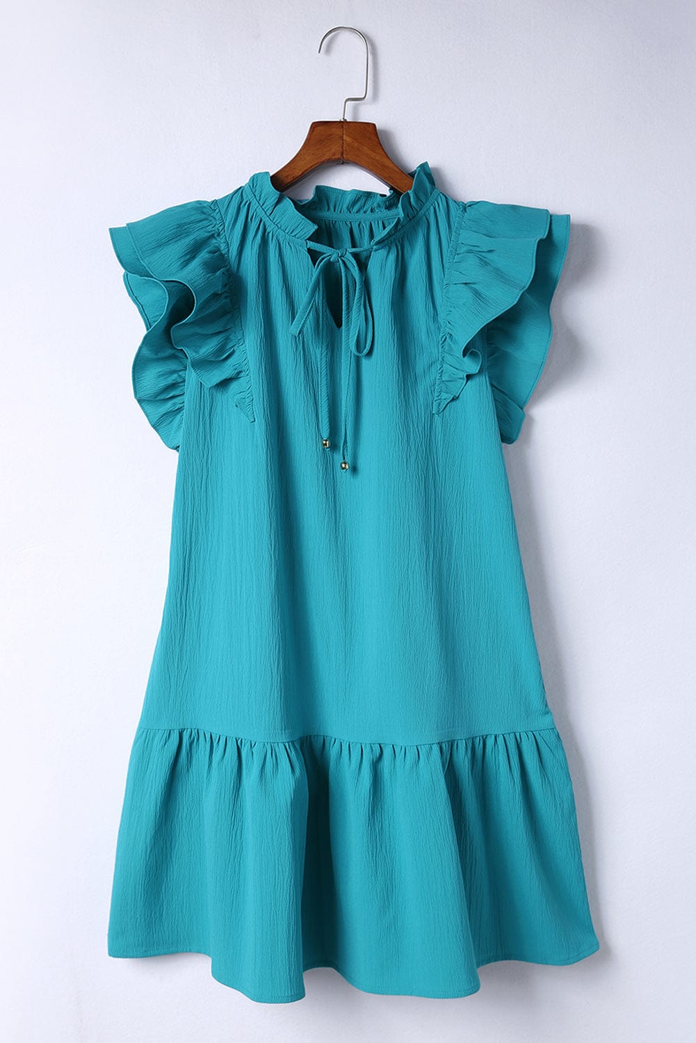 Green Tiered Ruffle-Sleeve Mini Dress with Handy Pockets