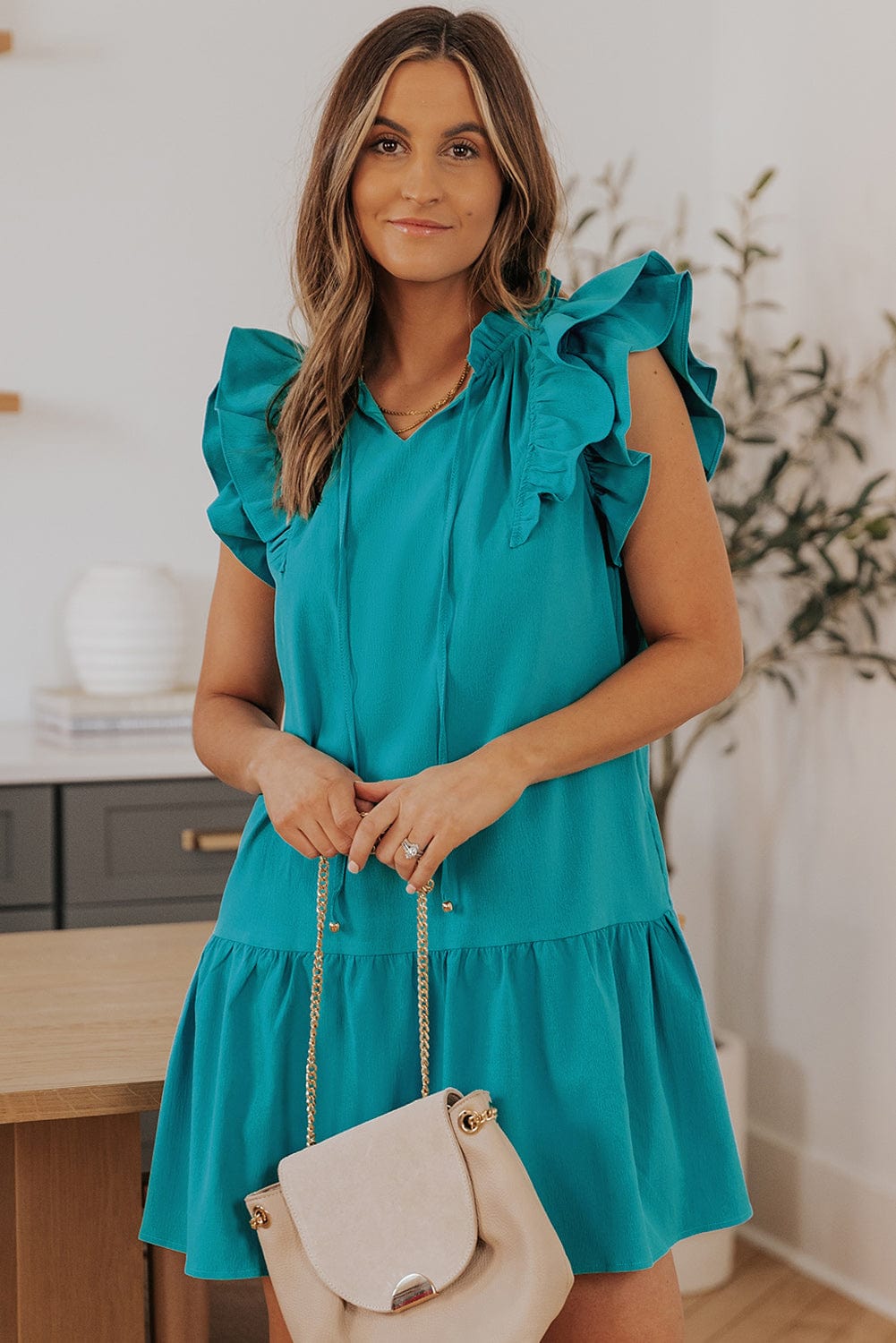 Green Tiered Ruffle-Sleeve Mini Dress with Handy Pockets