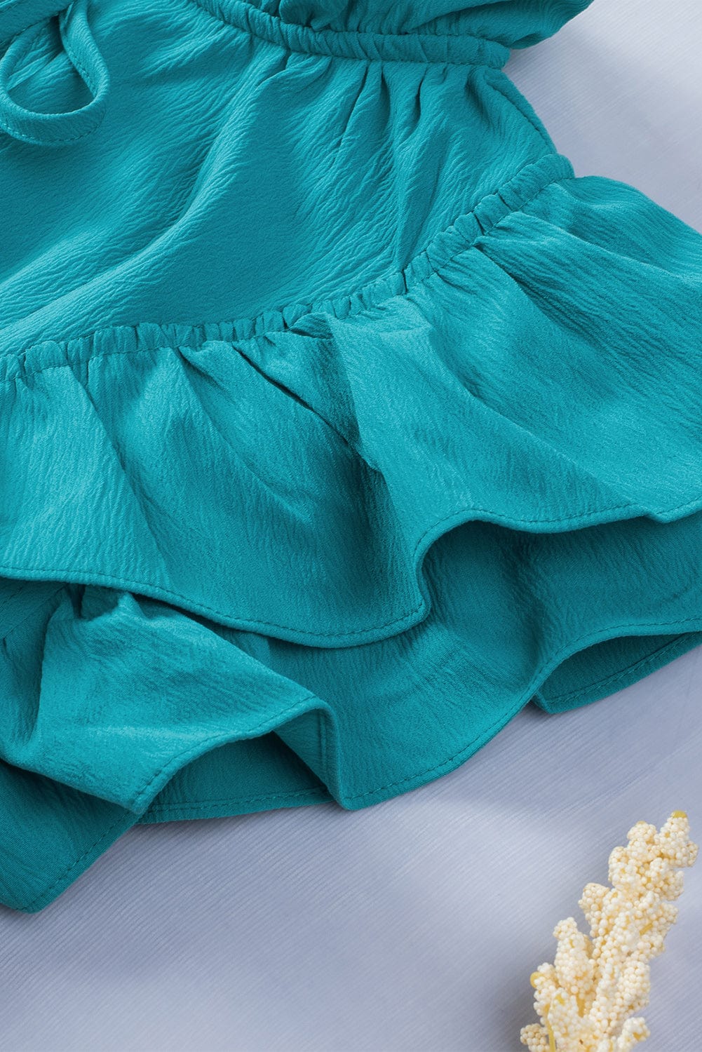 Green Tiered Ruffle-Sleeve Mini Dress with Handy Pockets