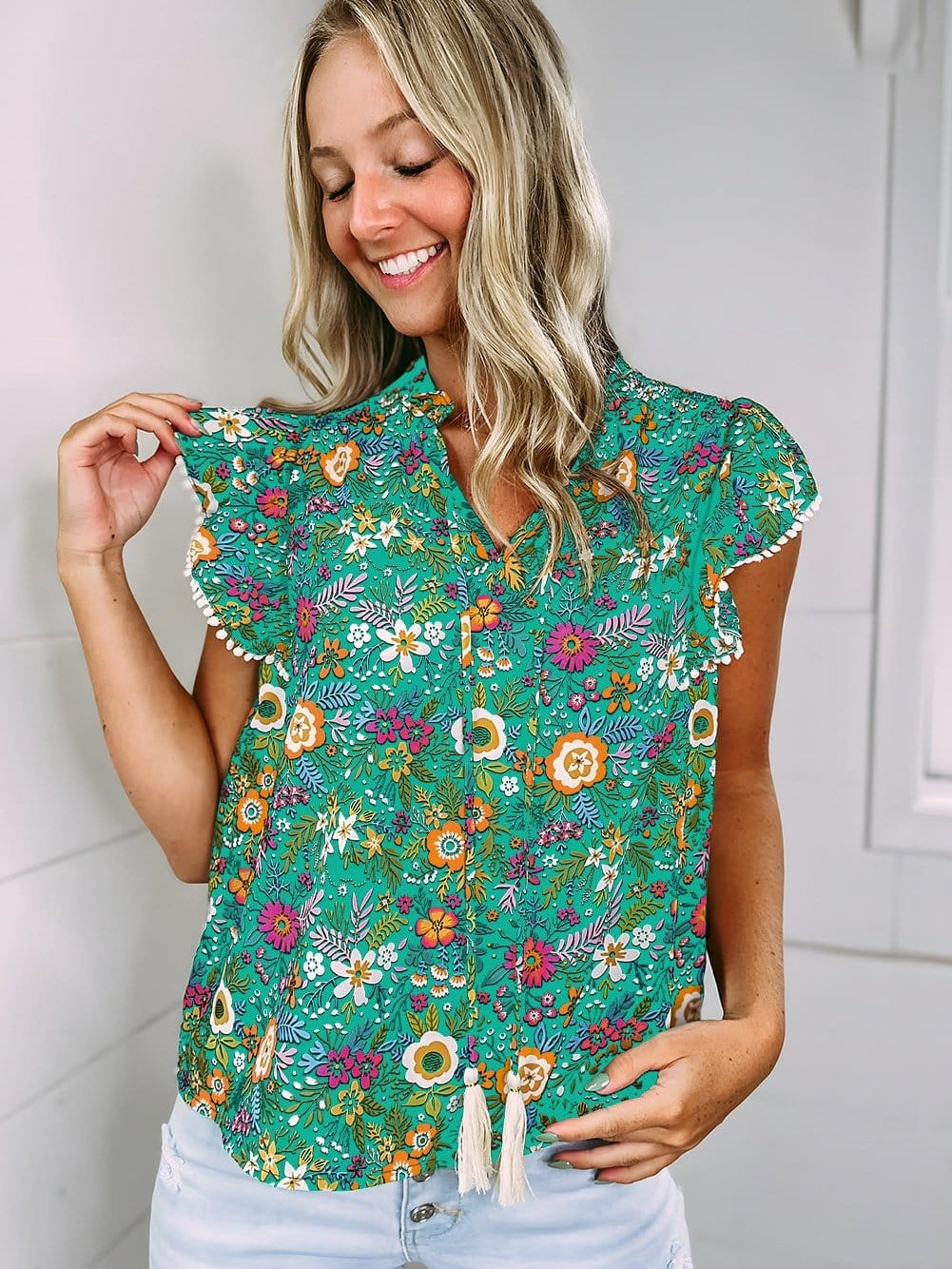 Green Tropical Paradise Flutter Sleeve Blouse with Lace Detail