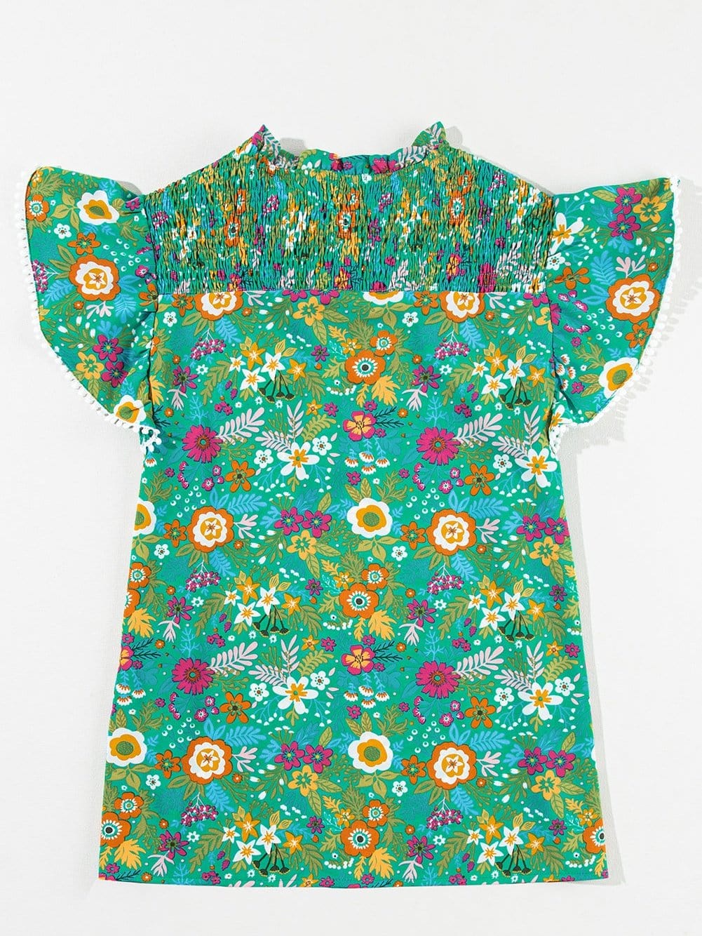 Green Tropical Paradise Flutter Sleeve Blouse with Lace Detail