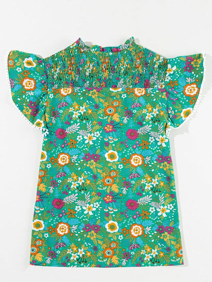 Green Tropical Paradise Flutter Sleeve Blouse with Lace Detail