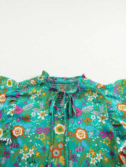 Green Tropical Paradise Flutter Sleeve Blouse with Lace Detail