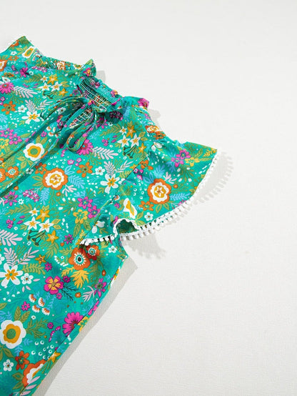 Green Tropical Paradise Flutter Sleeve Blouse with Lace Detail