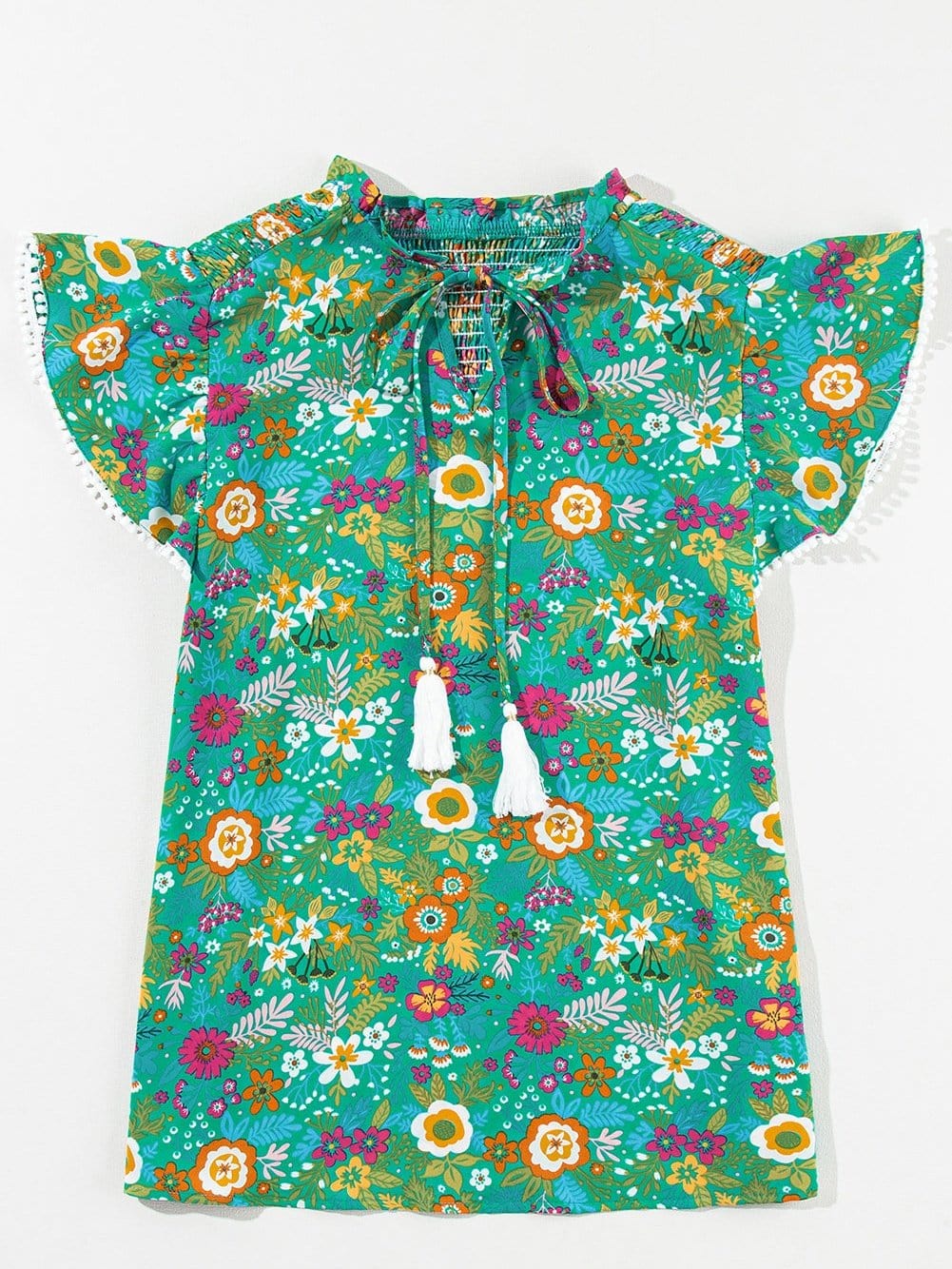 Green Tropical Paradise Flutter Sleeve Blouse with Lace Detail