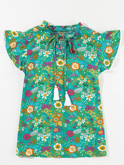 Green Tropical Paradise Flutter Sleeve Blouse with Lace Detail