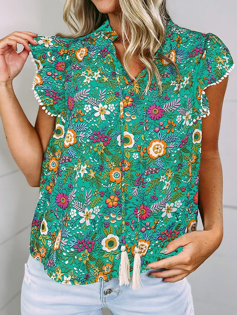 Green Tropical Paradise Flutter Sleeve Blouse with Lace Detail