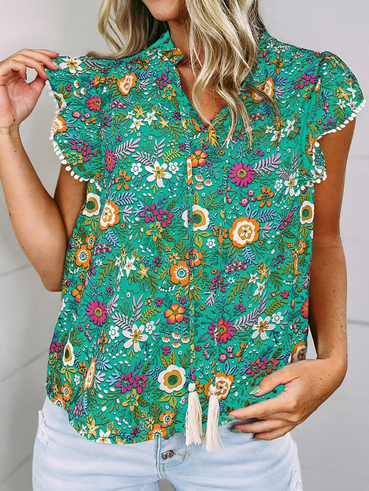 Green Tropical Paradise Flutter Sleeve Blouse with Lace Detail