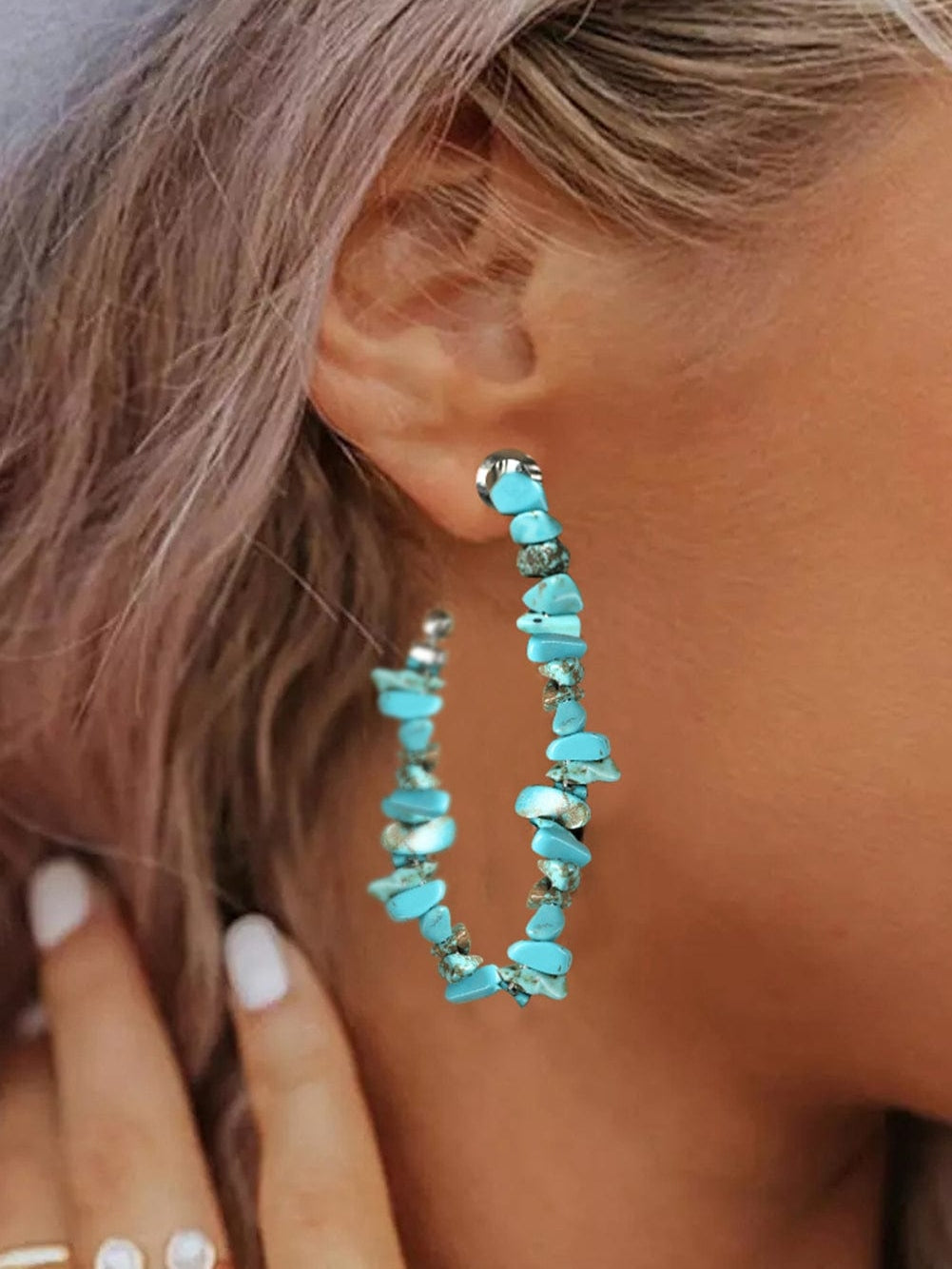 Green Turquoise Beaded C-shape Earrings with Western Flair