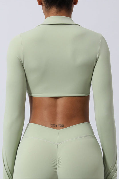 Green Twist Neckline Collared Long Sleeve Crop Top - Meadow Mist