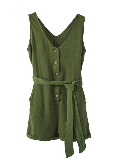 Green V Neck Button-Up Romper with Waist Belt