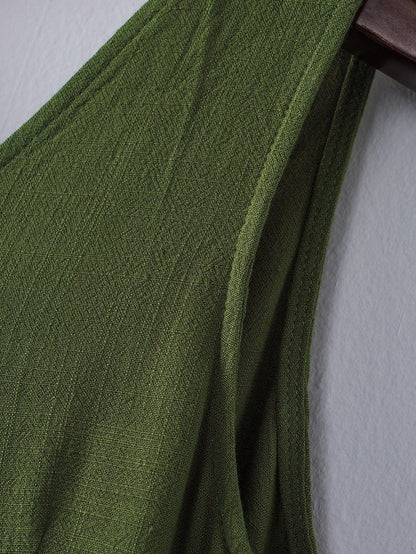 Green V Neck Button-Up Romper with Waist Belt