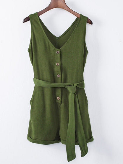 Green V Neck Button-Up Romper with Waist Belt