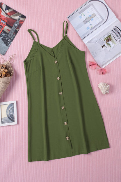 Green V-Neck Buttoned Mini Dress