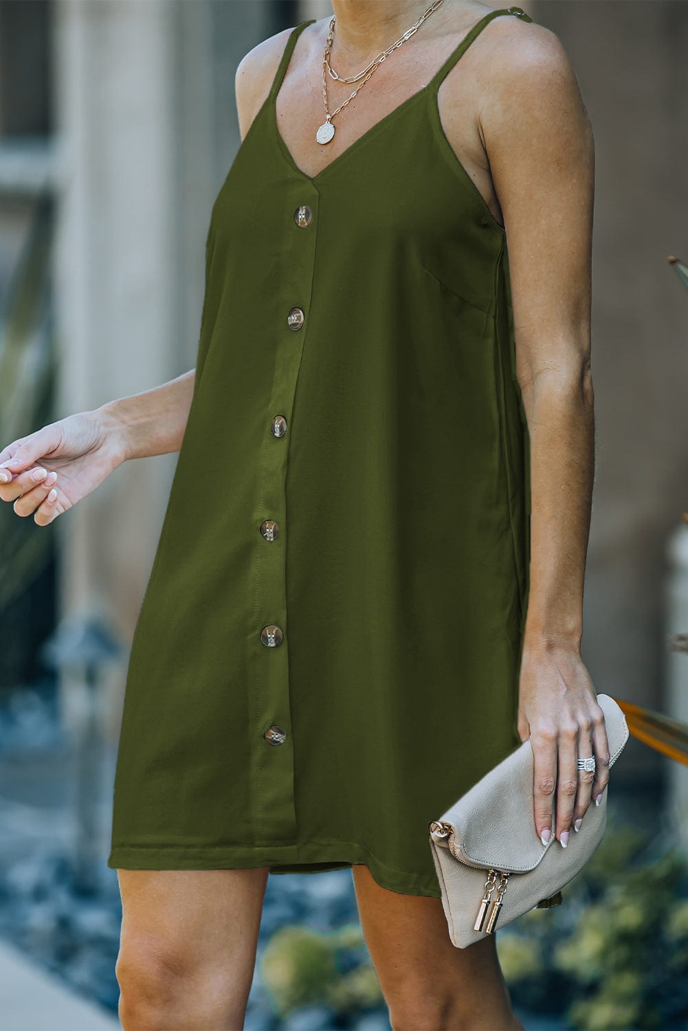 Green V-Neck Buttoned Mini Dress