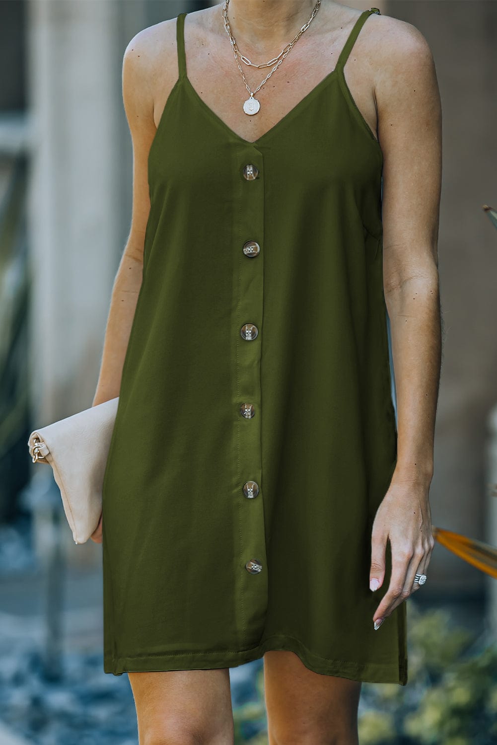 Green V-Neck Buttoned Mini Dress