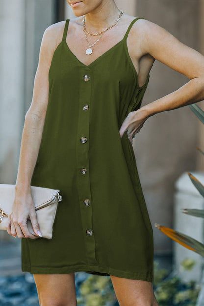 Green V-Neck Buttoned Mini Dress