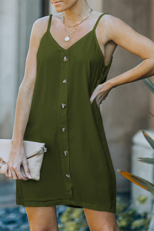 Green V-Neck Buttoned Mini Dress