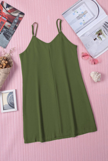 Green V-Neck Buttoned Mini Dress
