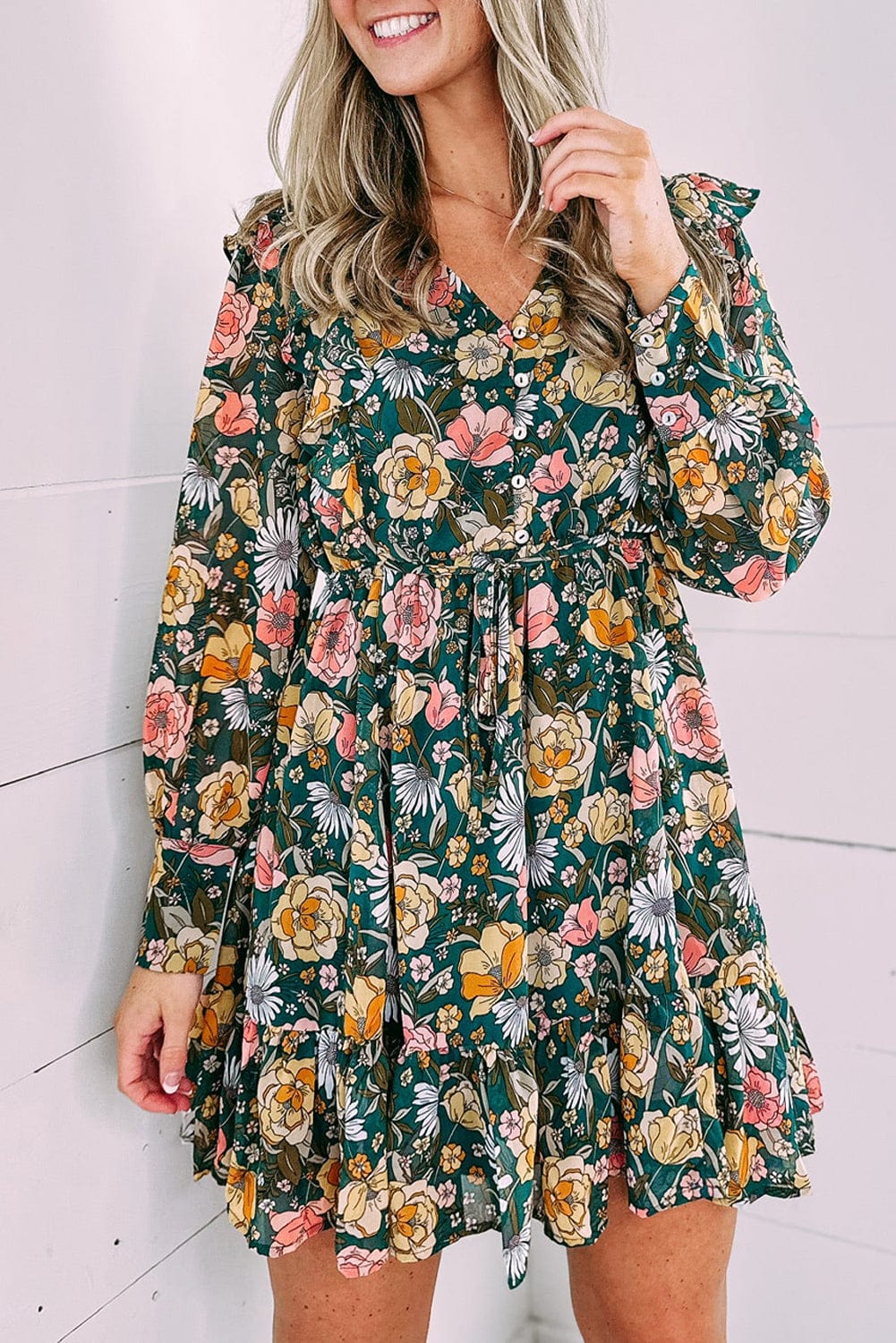 Green V-Neck Empire Waist Bohemian Floral Dress