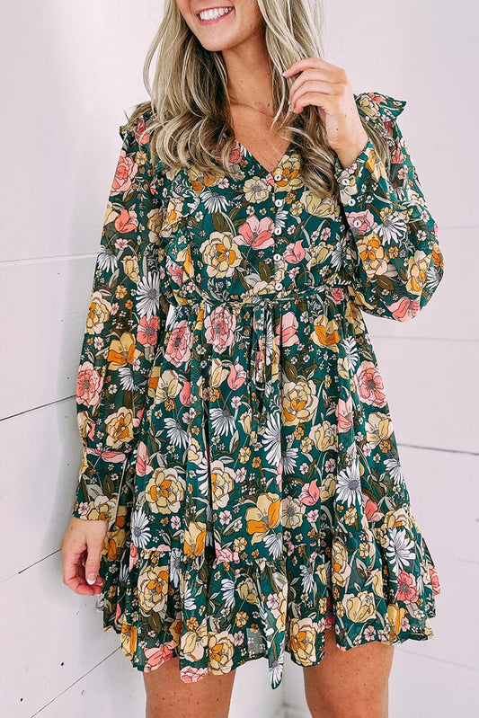 Green V-Neck Empire Waist Bohemian Floral Dress