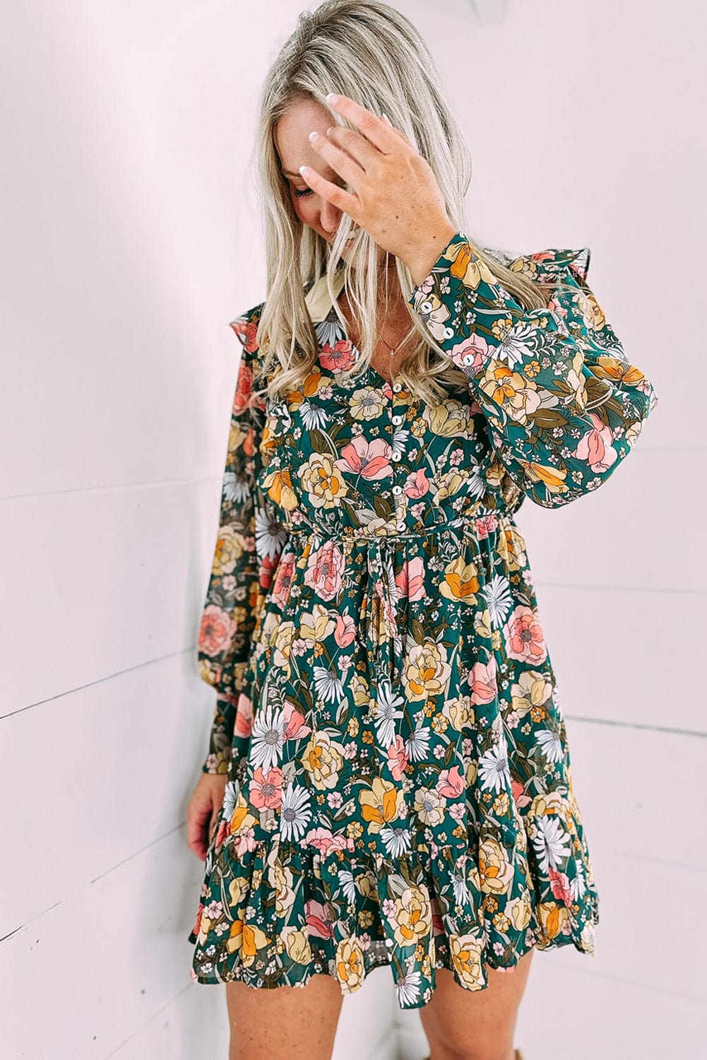 Green V-Neck Empire Waist Bohemian Floral Dress
