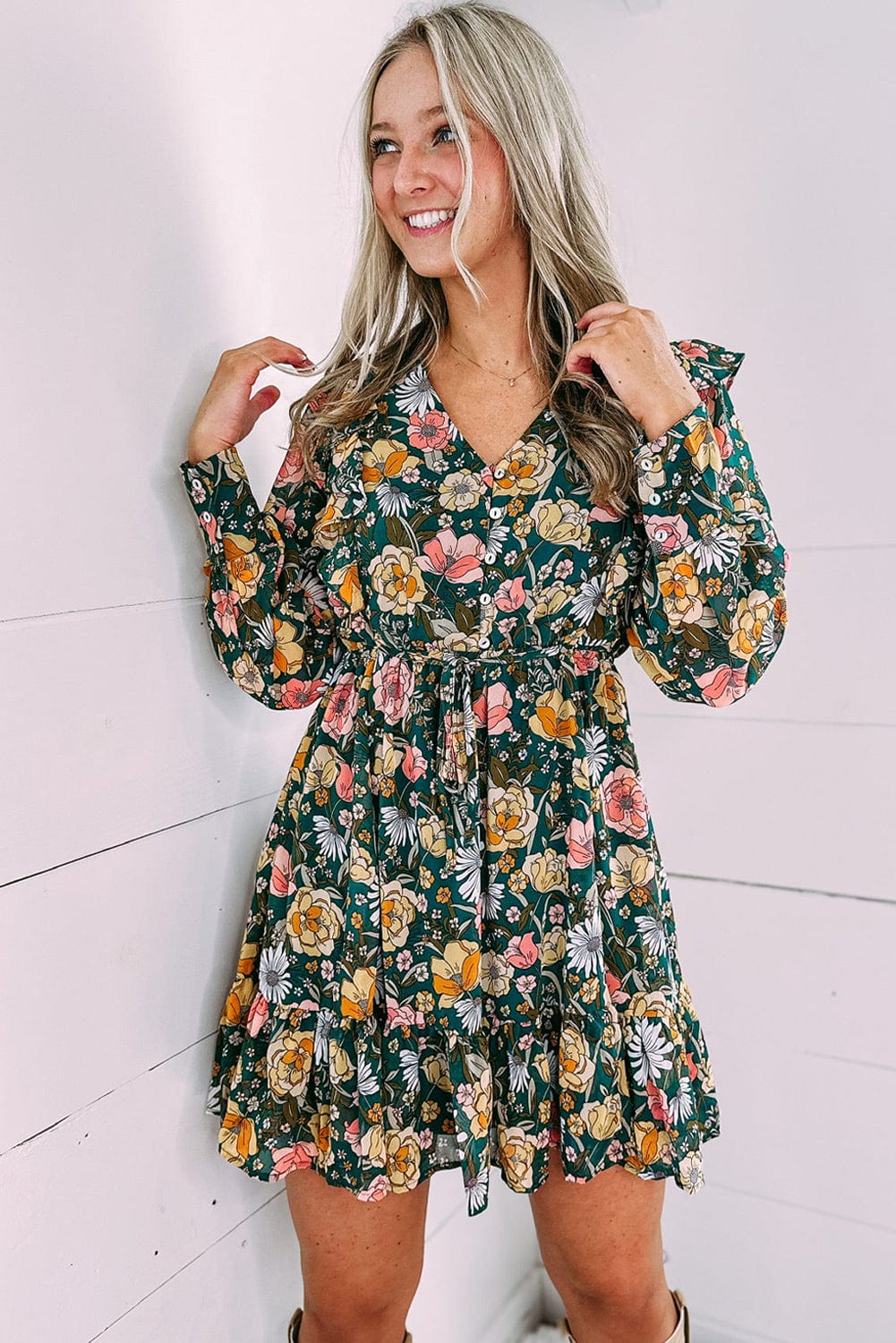 Green V-Neck Empire Waist Bohemian Floral Dress