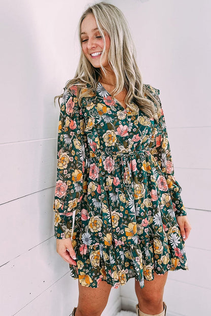 Green V-Neck Empire Waist Bohemian Floral Dress