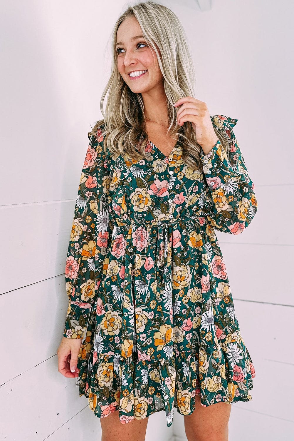 Green V-Neck Empire Waist Bohemian Floral Dress