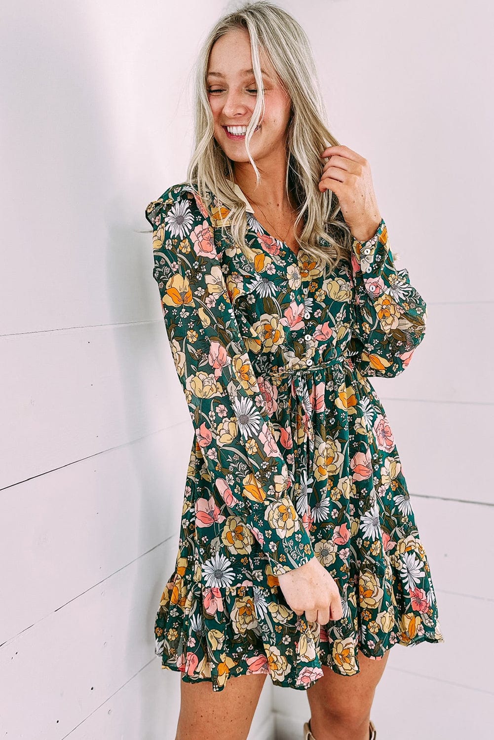Green V-Neck Empire Waist Bohemian Floral Dress