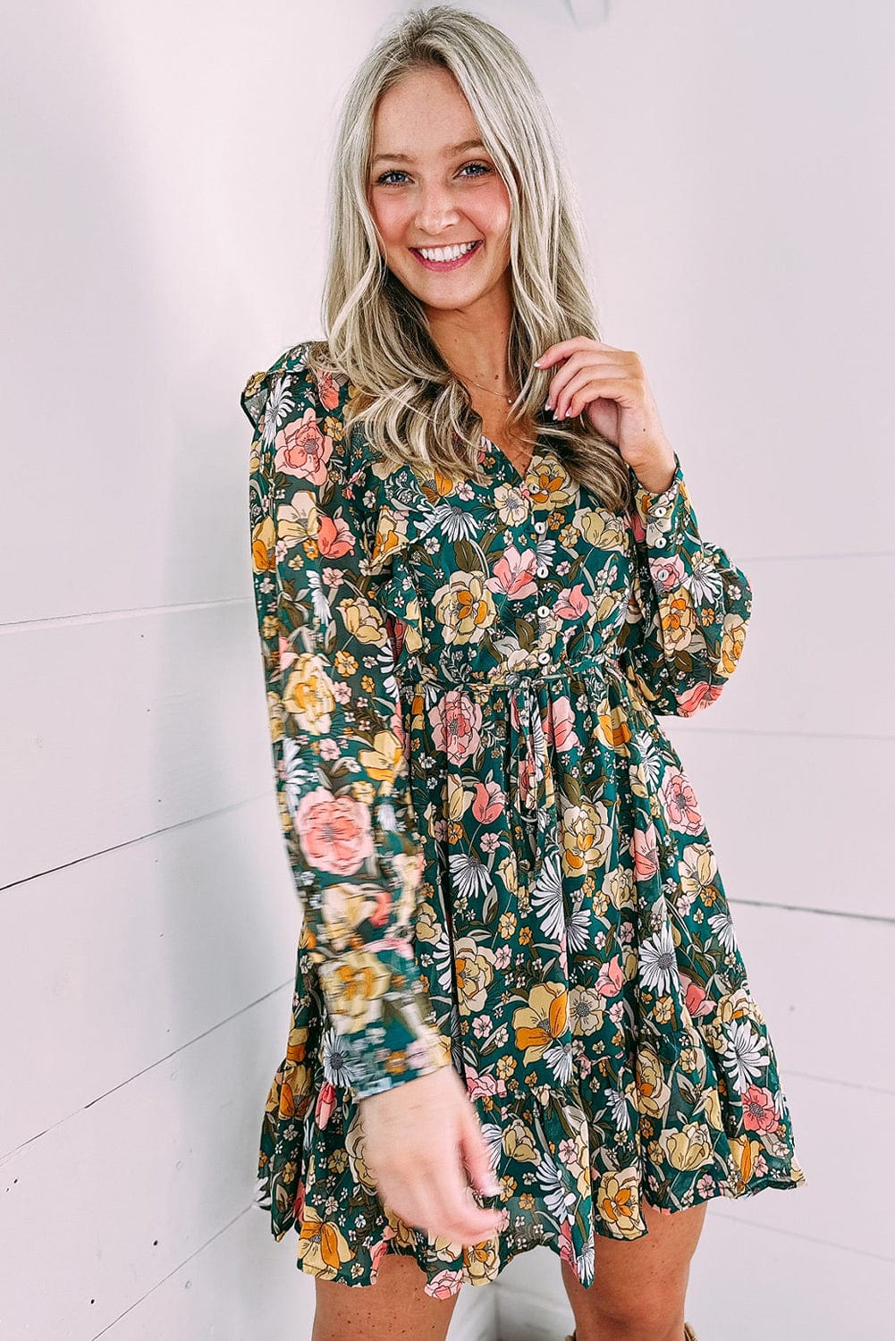 Green V-Neck Empire Waist Bohemian Floral Dress