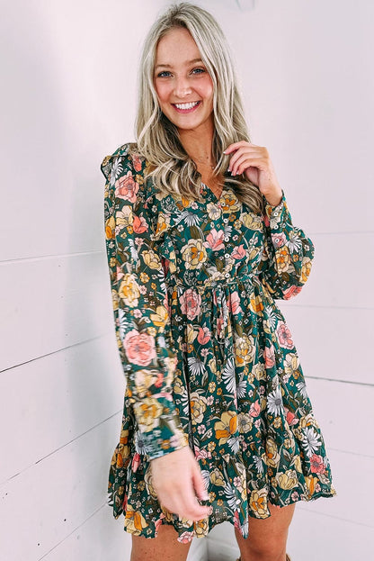 Green V-Neck Empire Waist Bohemian Floral Dress
