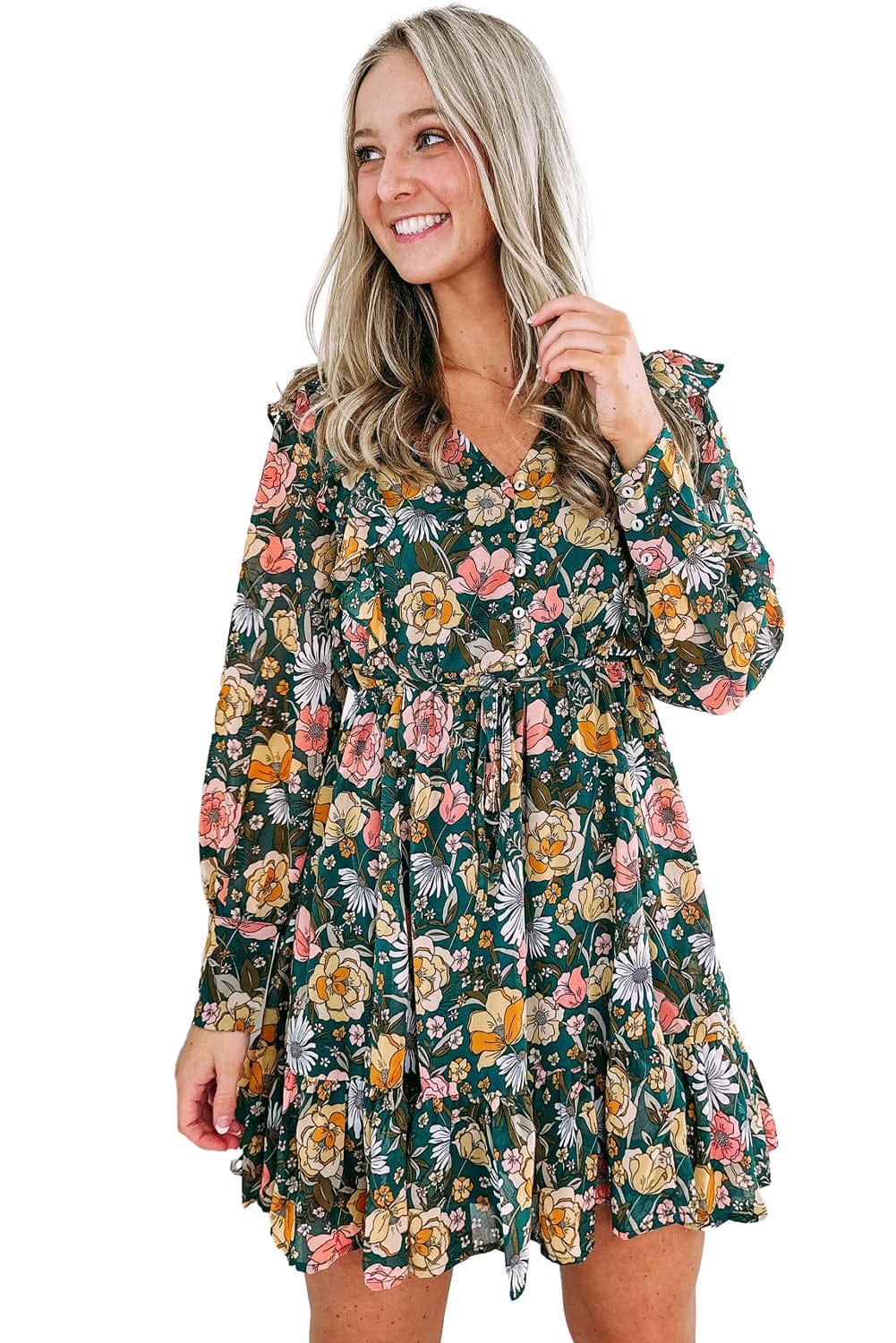 Green V-Neck Empire Waist Bohemian Floral Dress