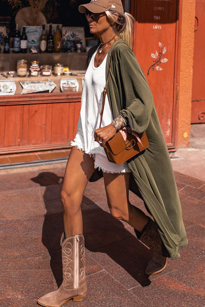 Green V-Neck Maxi Duster Cardigan with Captivating Patterns and Textures