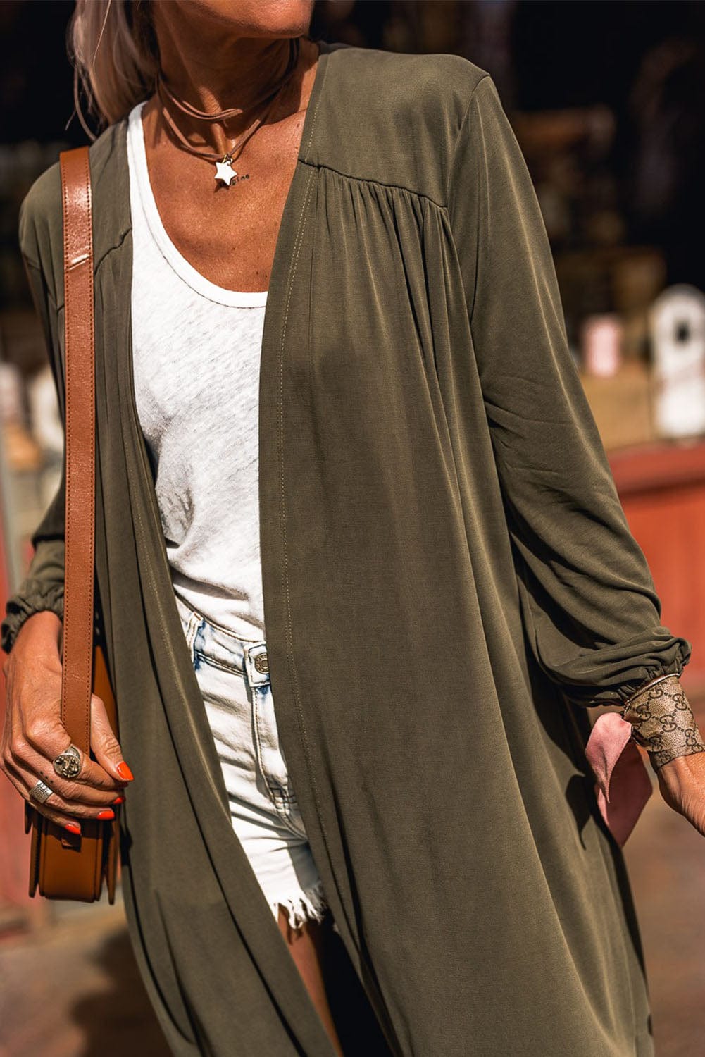 Green V-Neck Maxi Duster Cardigan with Captivating Patterns and Textures