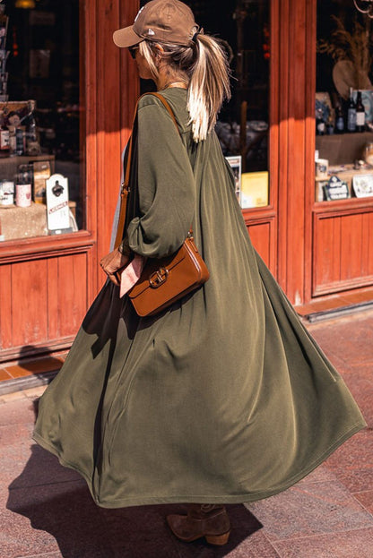 Green V-Neck Maxi Duster Cardigan with Captivating Patterns and Textures