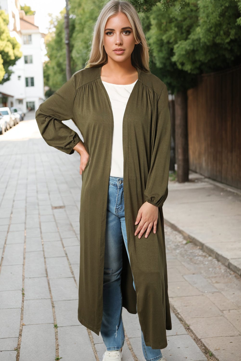 Green V-Neck Maxi Duster Cardigan with Captivating Patterns and Textures